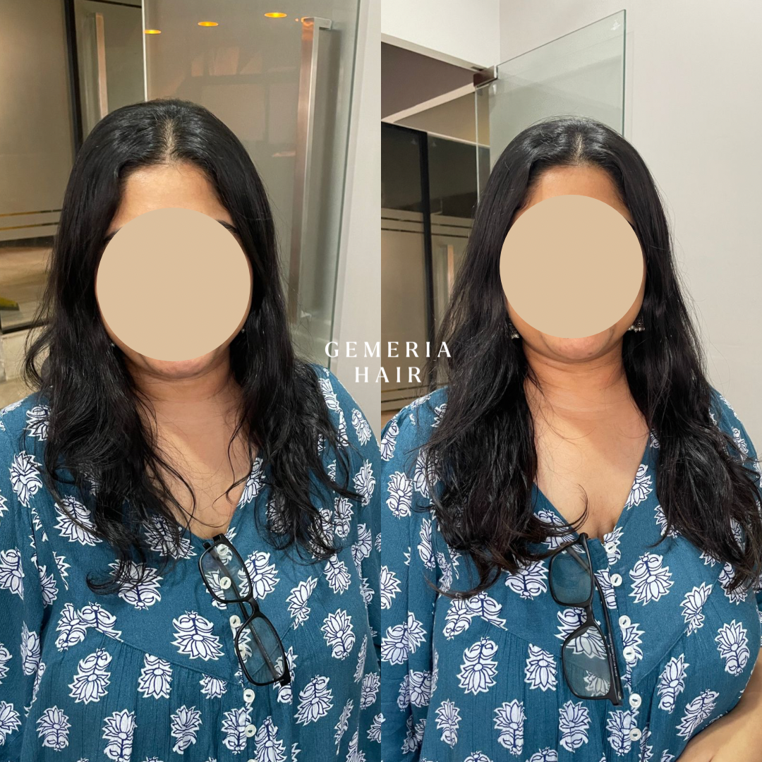 Before and after applying Wavy 1 piece clip-in volumizer