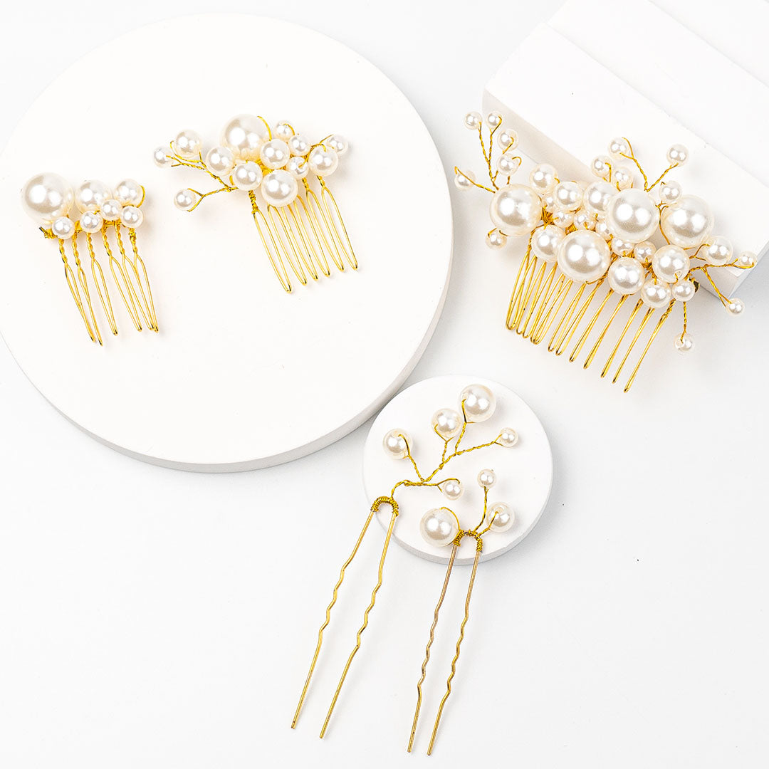Golden Filigree Pearl Set of Hair Comb and Pins