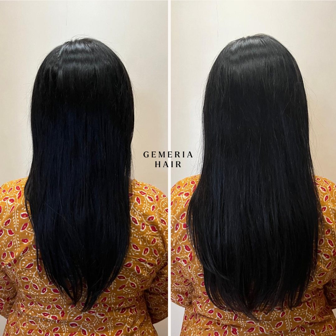 Customer wearing seamless 1-piece straight clip-in volumizer: before and after look