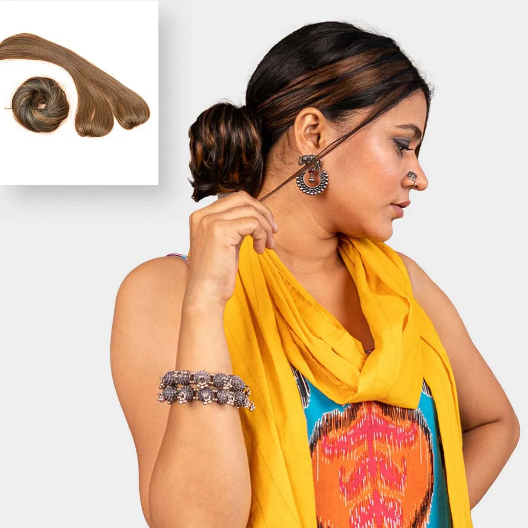 dark brown spot cover-up & faux scrunchie bun combo