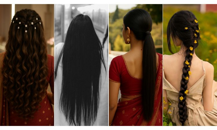 Beautiful hairstyles for long hair featuring curly half-updo with accessories, sleek straight hair, elegant low ponytail, and floral braided style, perfect for traditional and modern looks.