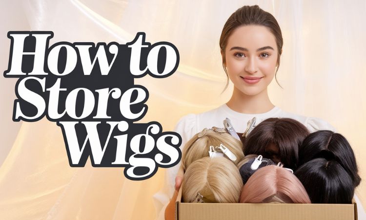 Smiling woman holding a box filled with neatly stored wigs, with the text 'How to Store Wigs' displayed beside her.