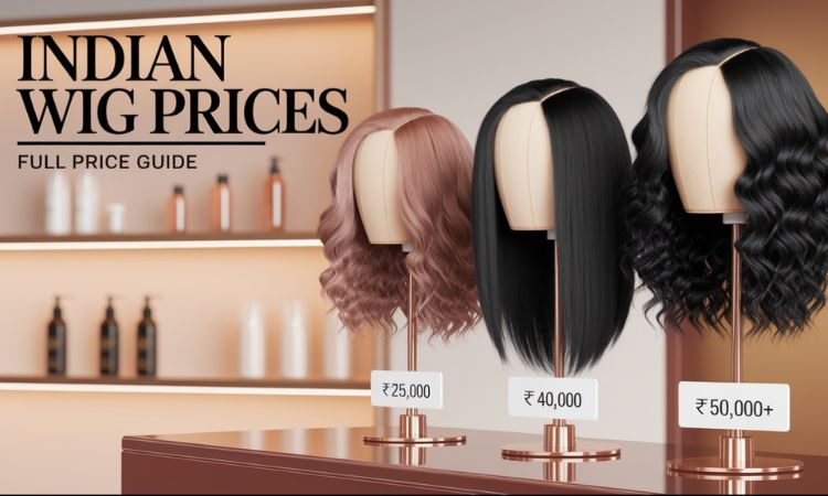Display of different styles of wigs with price tags in India, showcasing indian human hair wig price range