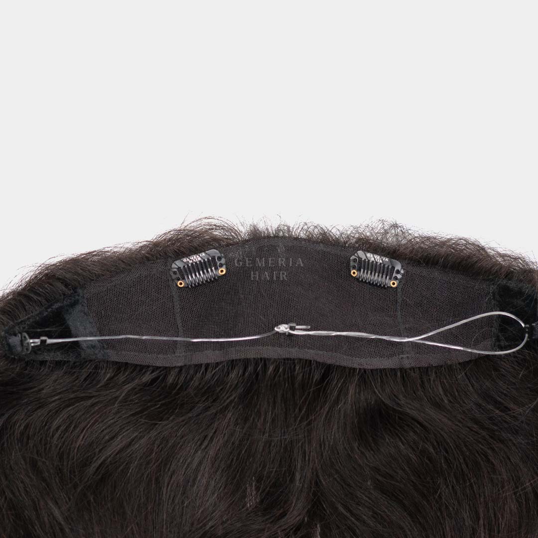 back view of a hair band topper, showing the clips and band for secure attachment