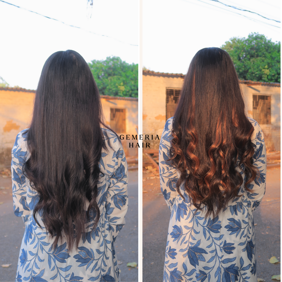 Back look before and after applying Seamless 3 piece set caramel brown balayage clip-in hair volumizer