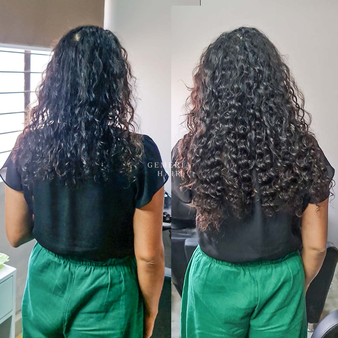 Before and after wearing classic 1 piece deep curly clip-in volumizer
