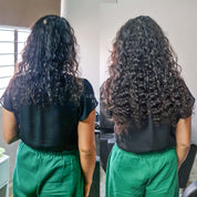 Before and after wearing classic 1 piece deep curly clip-in volumizer