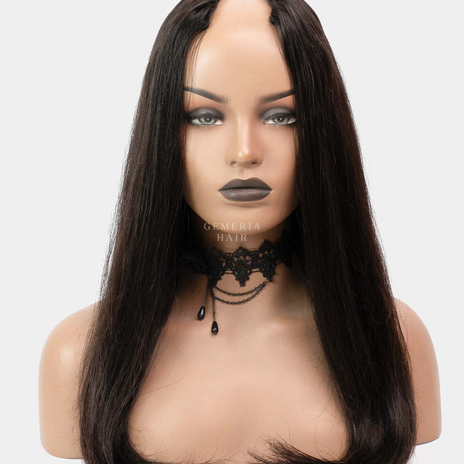 Luxurious black V-Shaped wigs for women by Gemeria Hair, featuring straight texture and dramatic styling