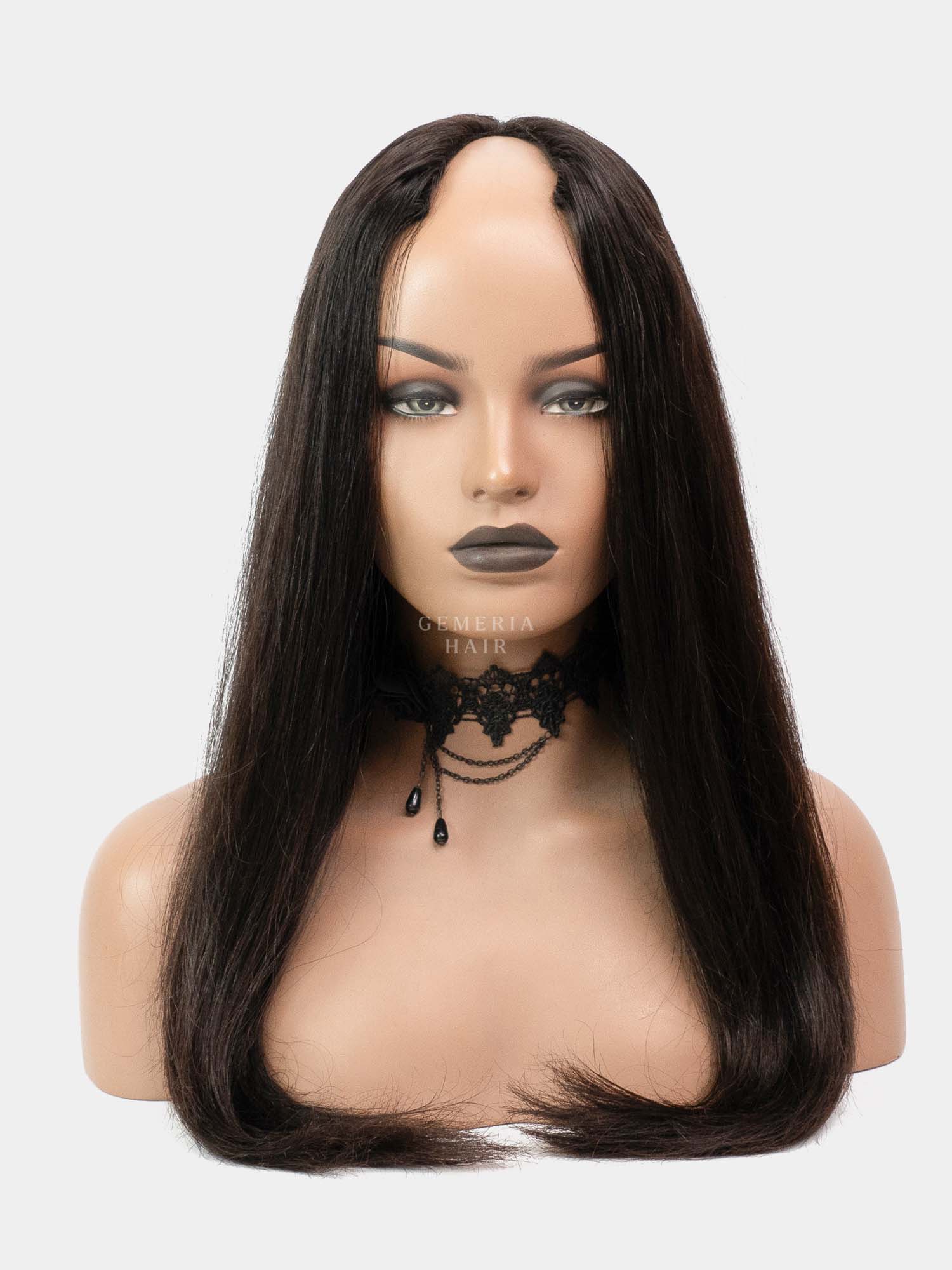 Luxurious black V-Shaped wigs for women by Gemeria Hair, featuring straight texture and dramatic styling