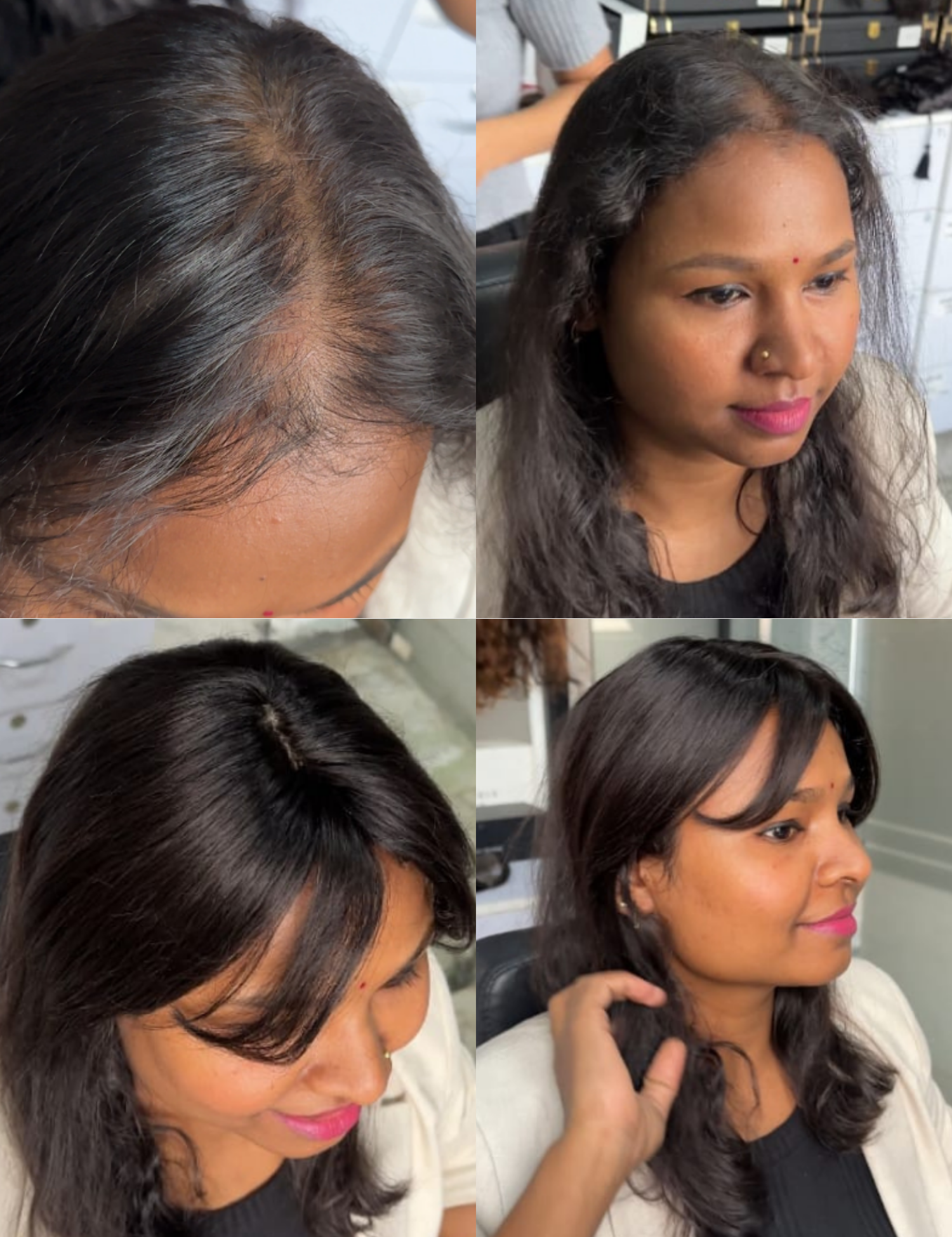 Woman wearing Gemeria Hair mini topper with bangs, showcasing styling from different angles