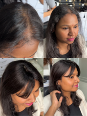 Woman wearing Gemeria Hair mini topper with bangs, showcasing styling from different angles