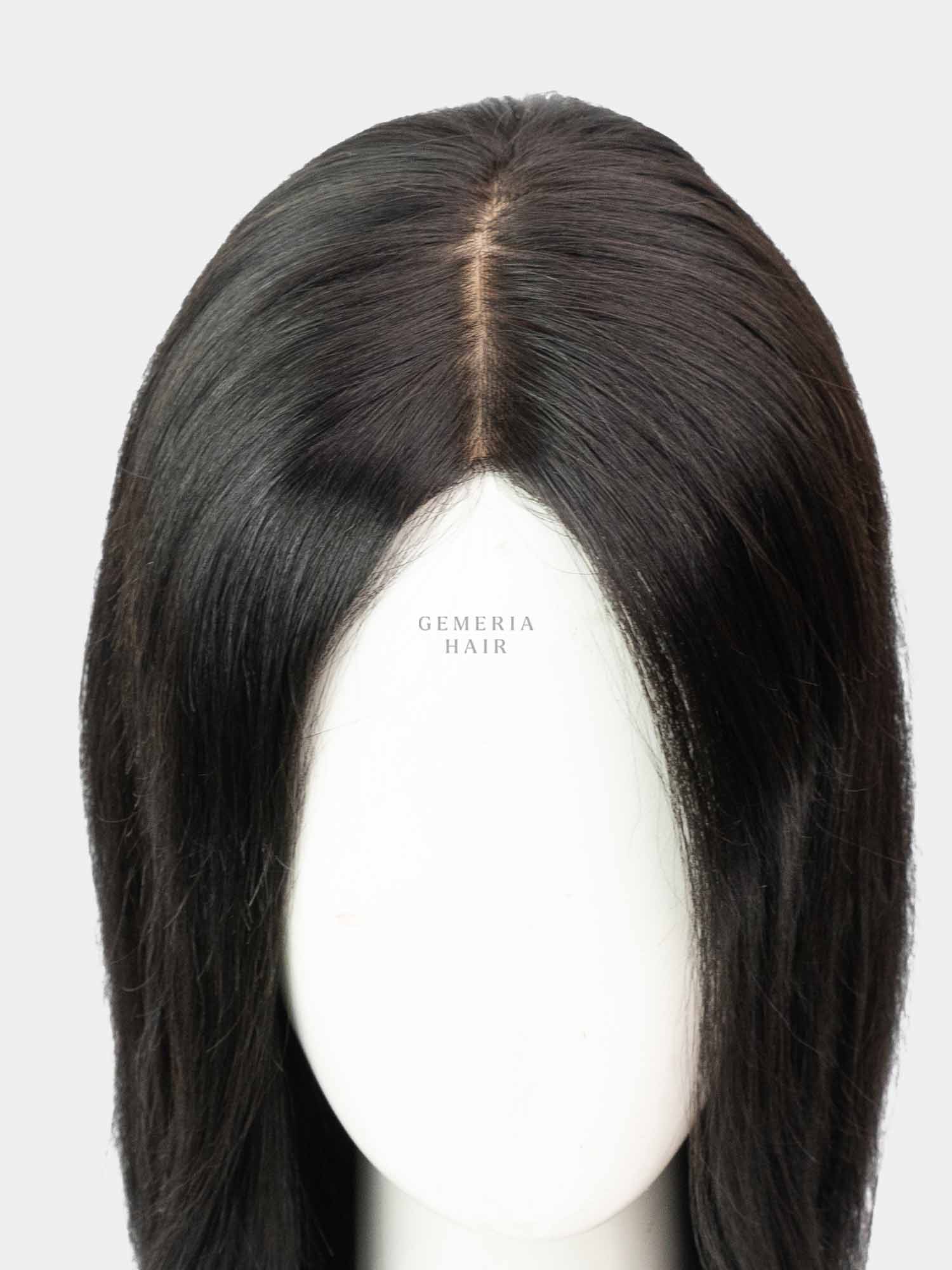 Natural straight hair wig for women by Gemeria Hair: Short Full Head style with premium silk base part