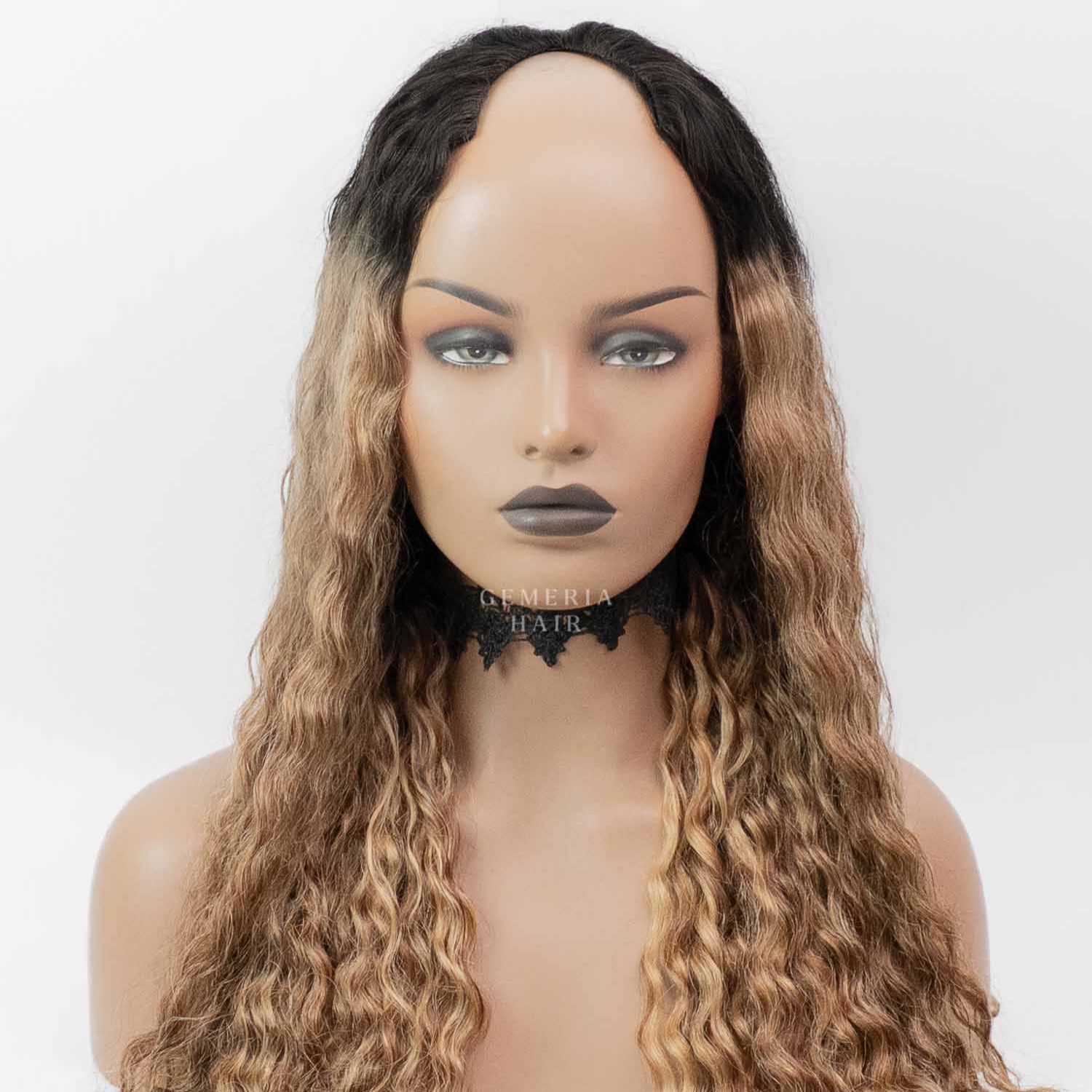 V-Part Wig | Deep Curly | Golden Brown Balayage | V-Shaped Wig