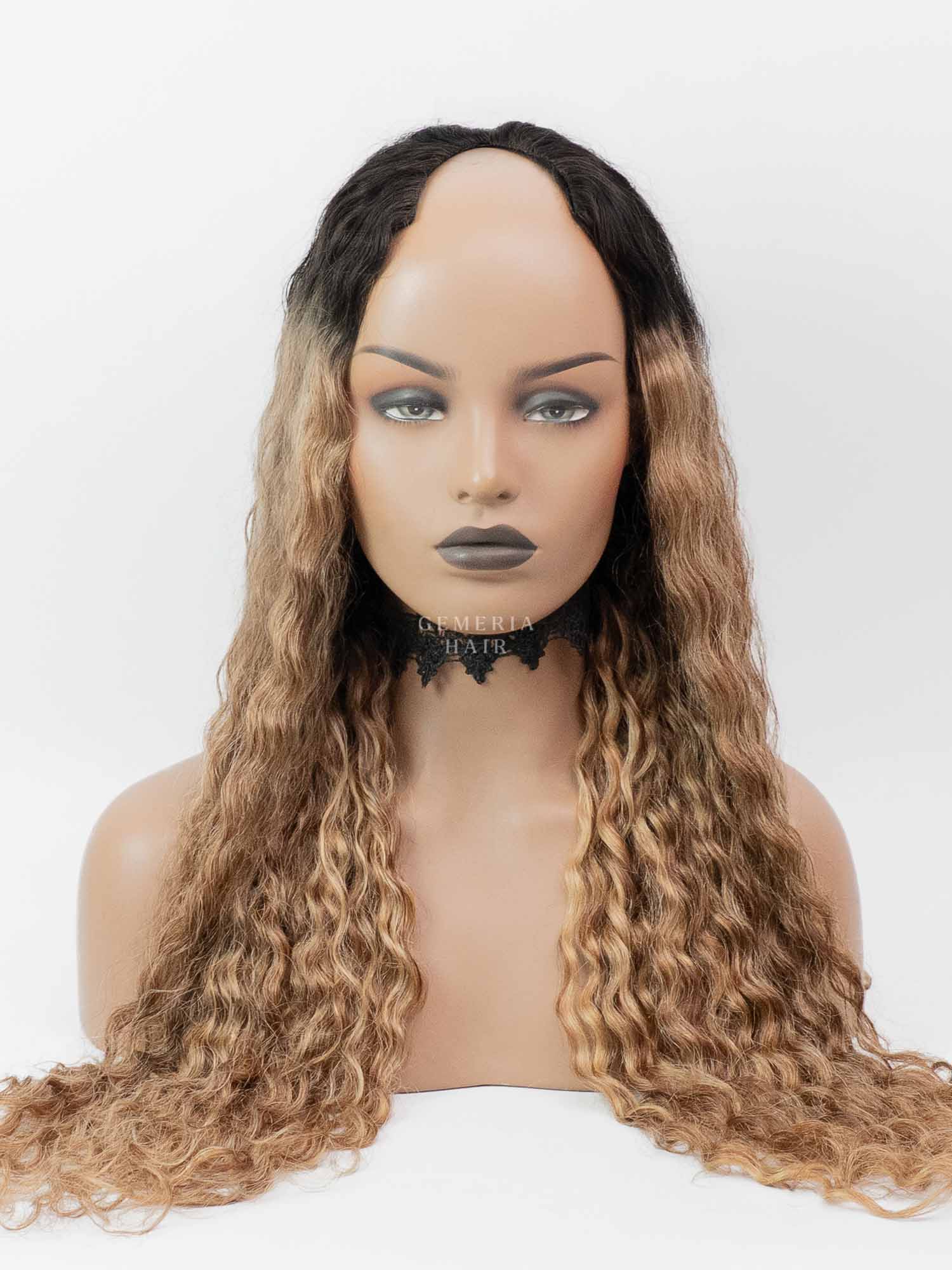 V-Part Wig | Deep Curly | Golden Brown Balayage | V-Shaped Wig