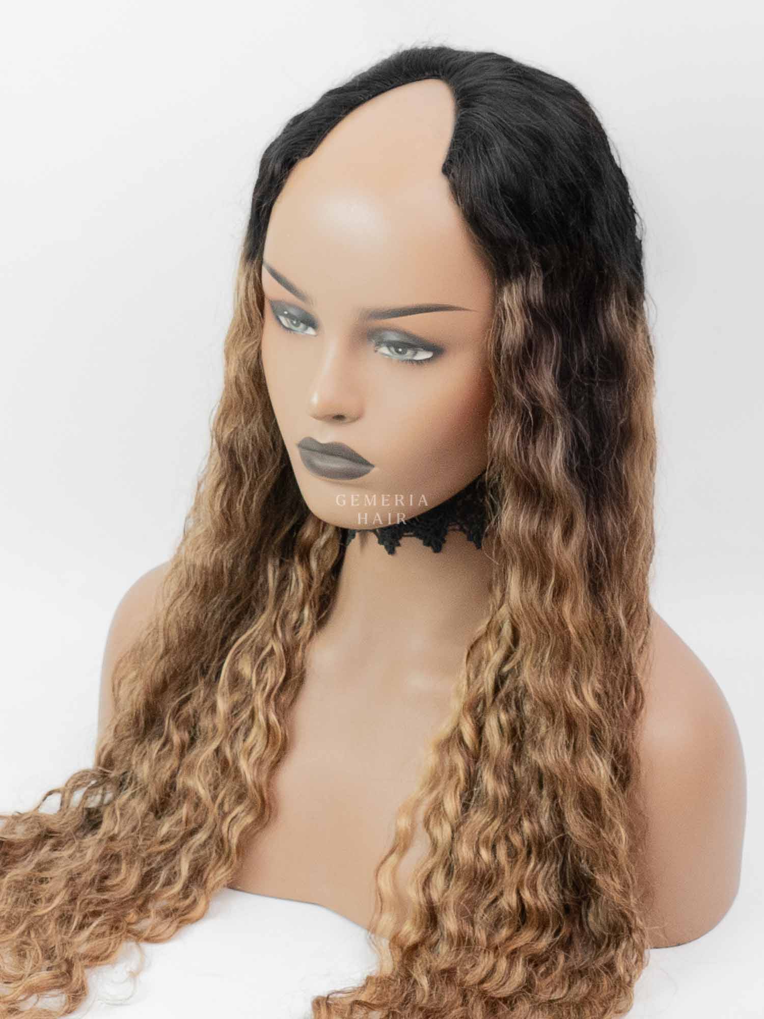 V-Part Wig | Deep Curly | Golden Brown Balayage | V-Shaped Wig