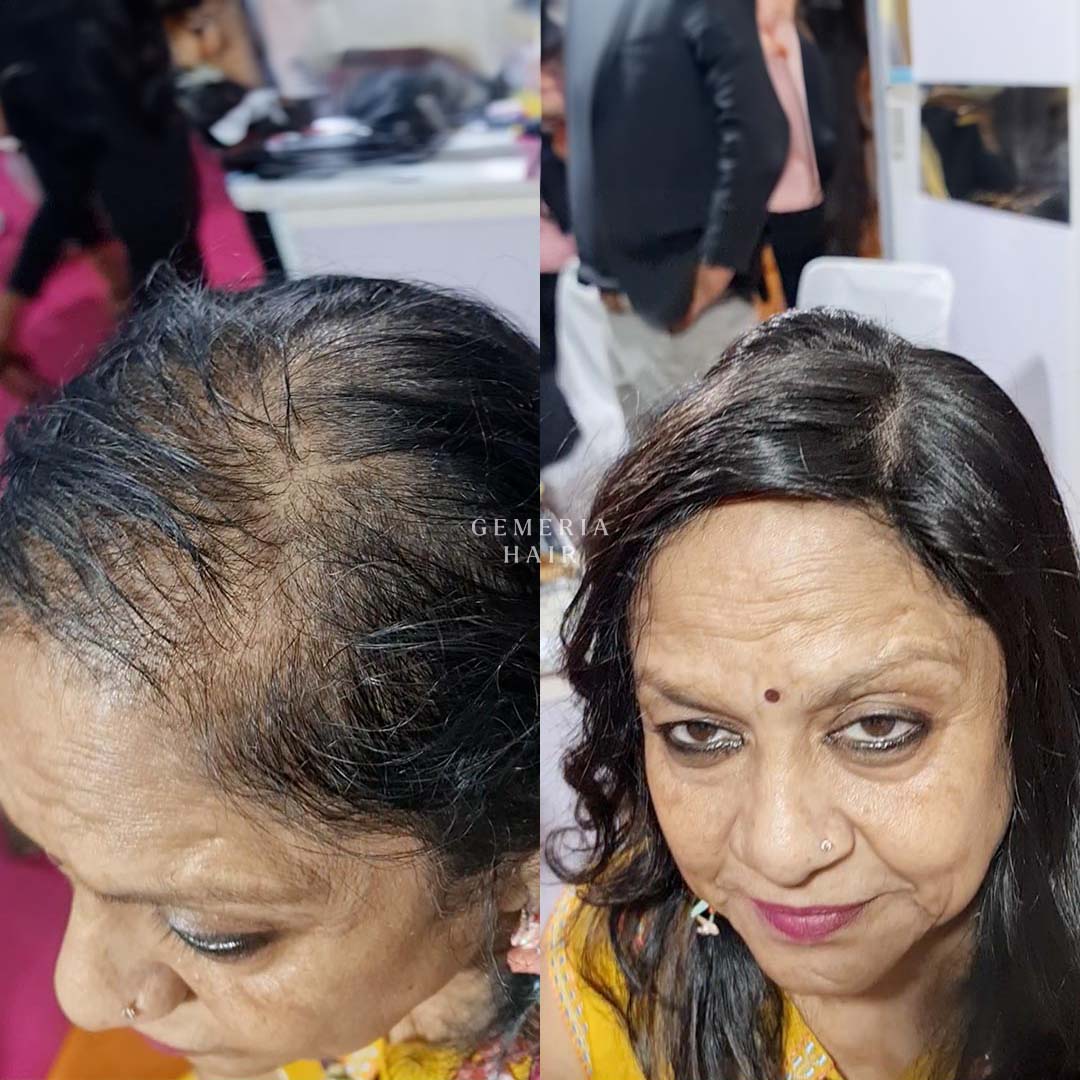 Before and after applying hair topper