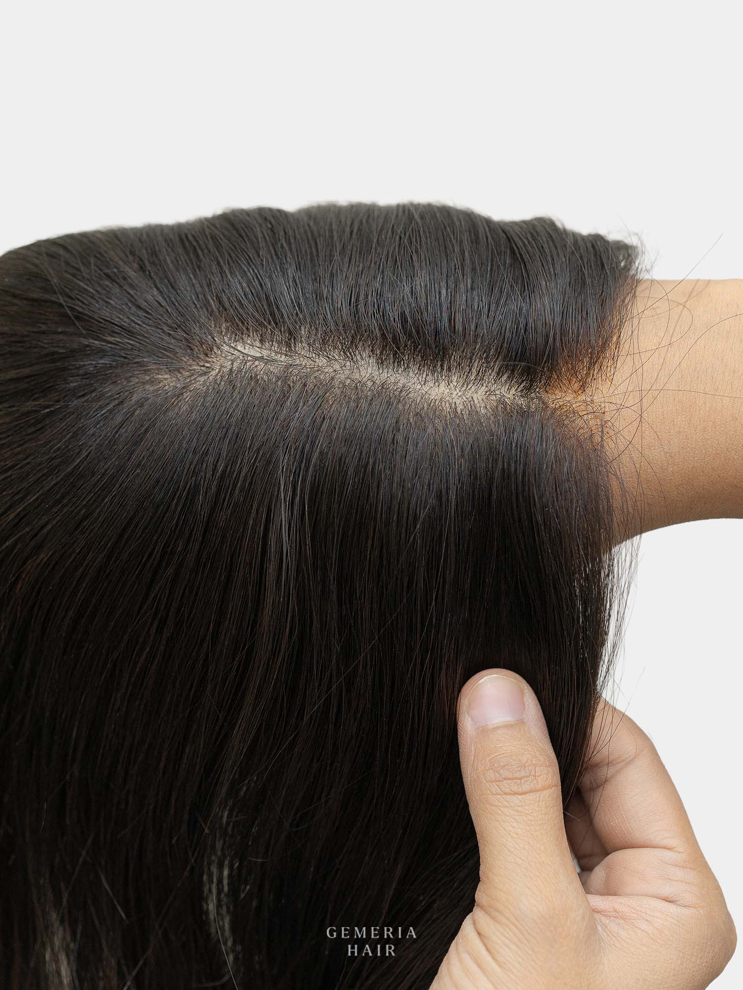 Close-up of Gemeria Hair front lace hair band topper bio base showing natural scalp-like parting