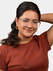 Smiling woman adjusting Gemeria Hair front lace hair band topper for natural coverage