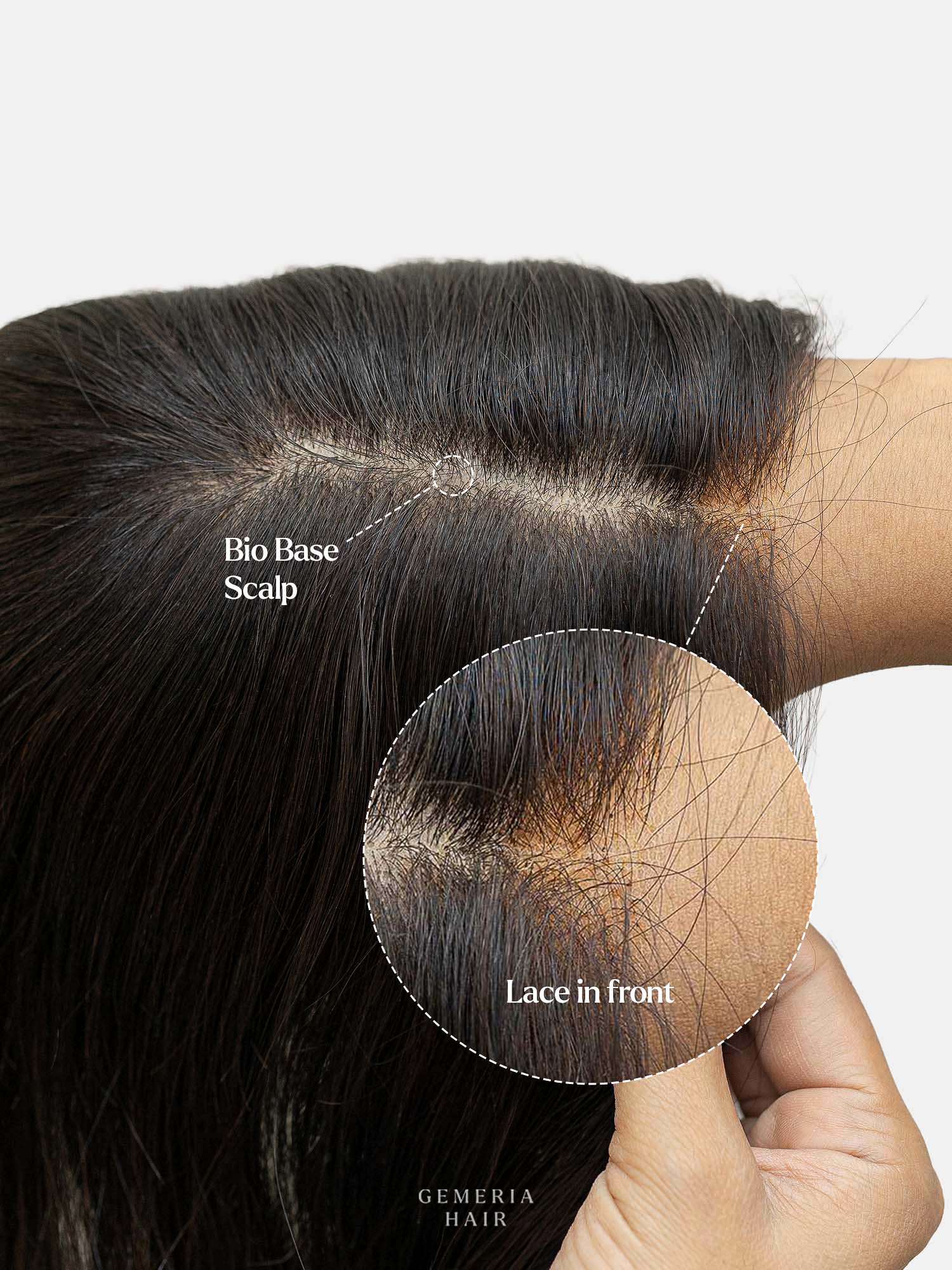 Close-up of Gemeria Hair front lace hair band topper with bio base scalp and lace front for natural look