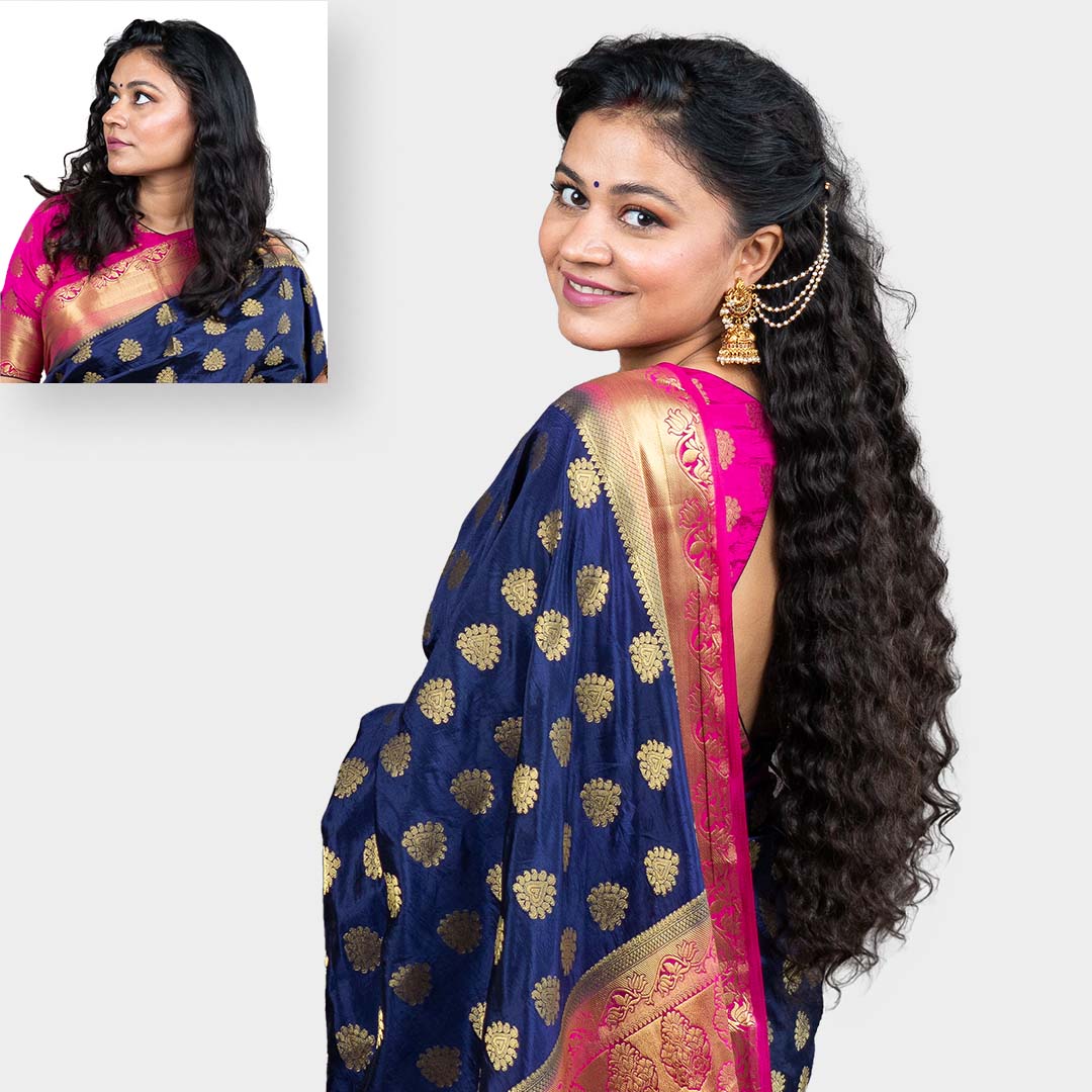 Gemeria Hair Deep Curly Half Head Wig transforms Indian formal look - perfect wigs for women in traditional wear