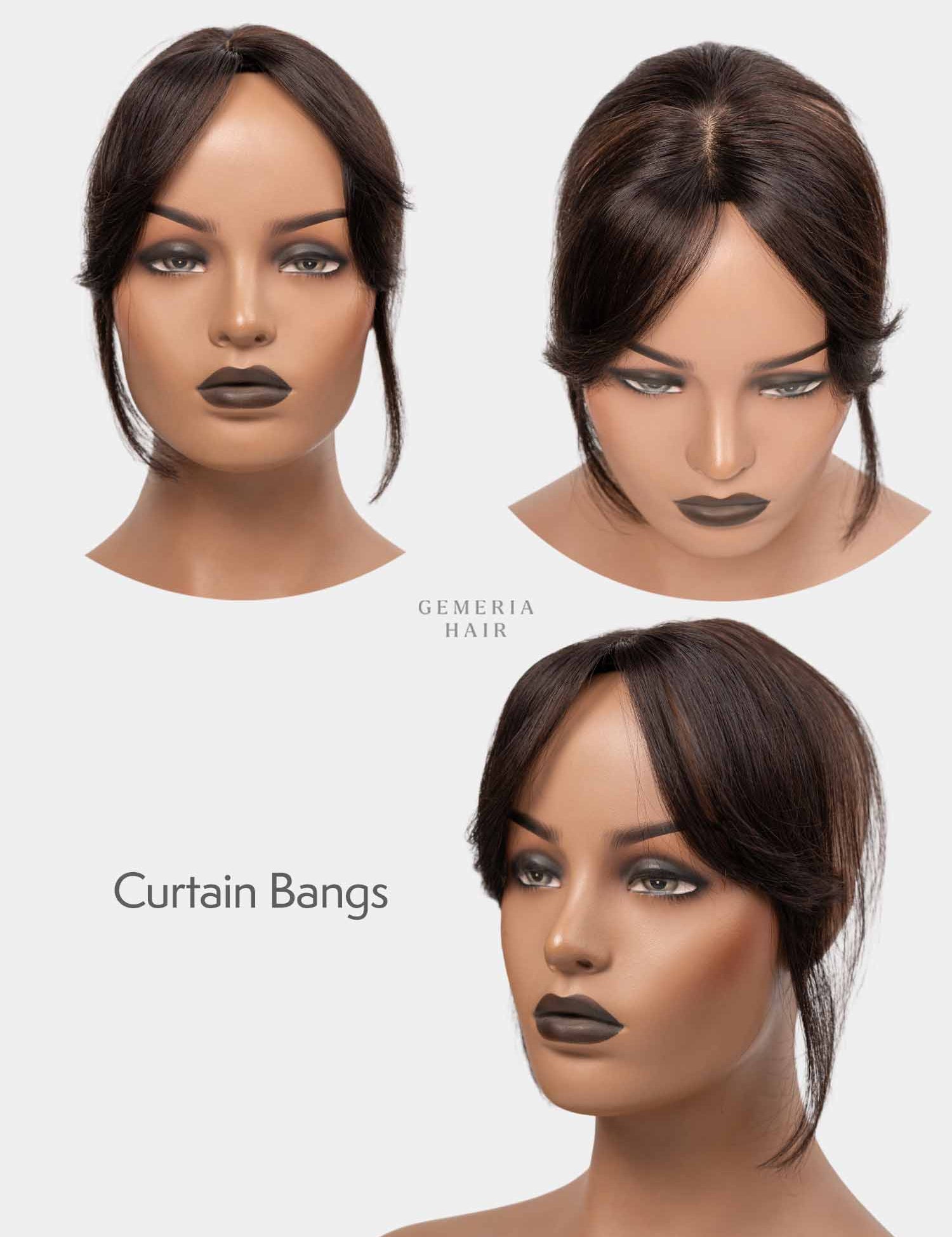 Mini topper with curtain bangs showing front and side views on mannequin.