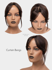 Mini topper with curtain bangs showing front and side views on mannequin.