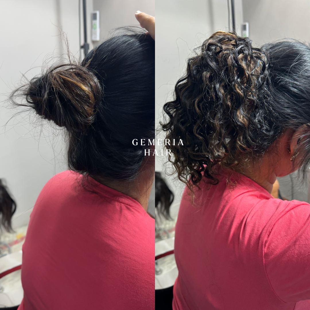 Before after applying faux curly hair bun