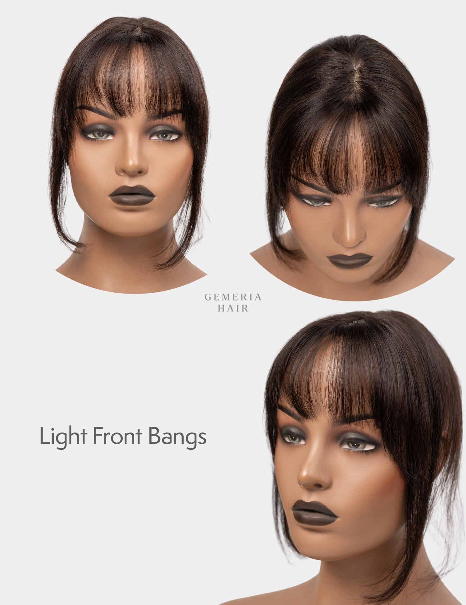 Mini topper with light brown highlights and curtain bangs on mannequin