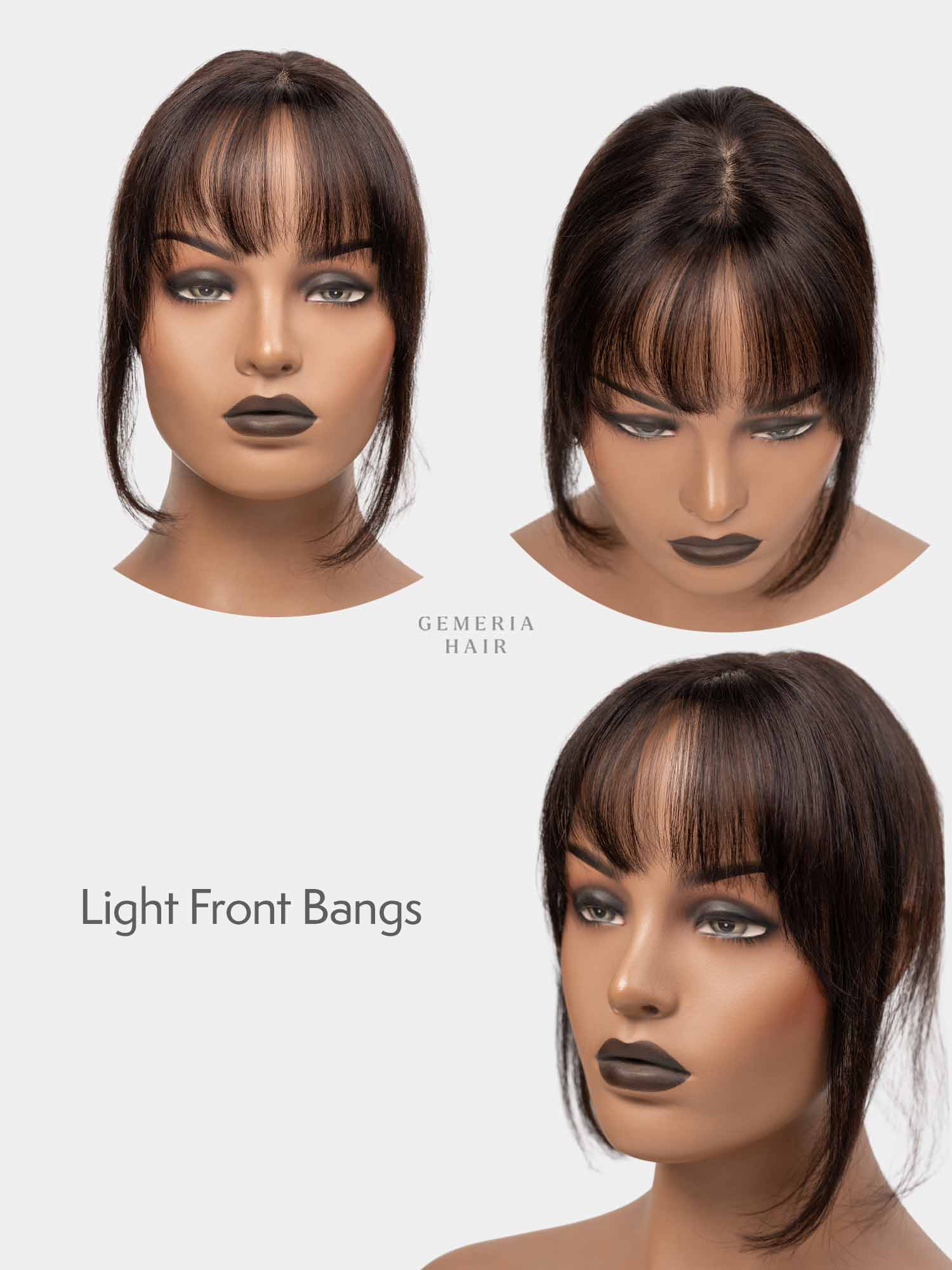Mini topper with light brown highlights and curtain bangs on mannequin