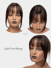 Mini topper with light brown highlights and curtain bangs on mannequin