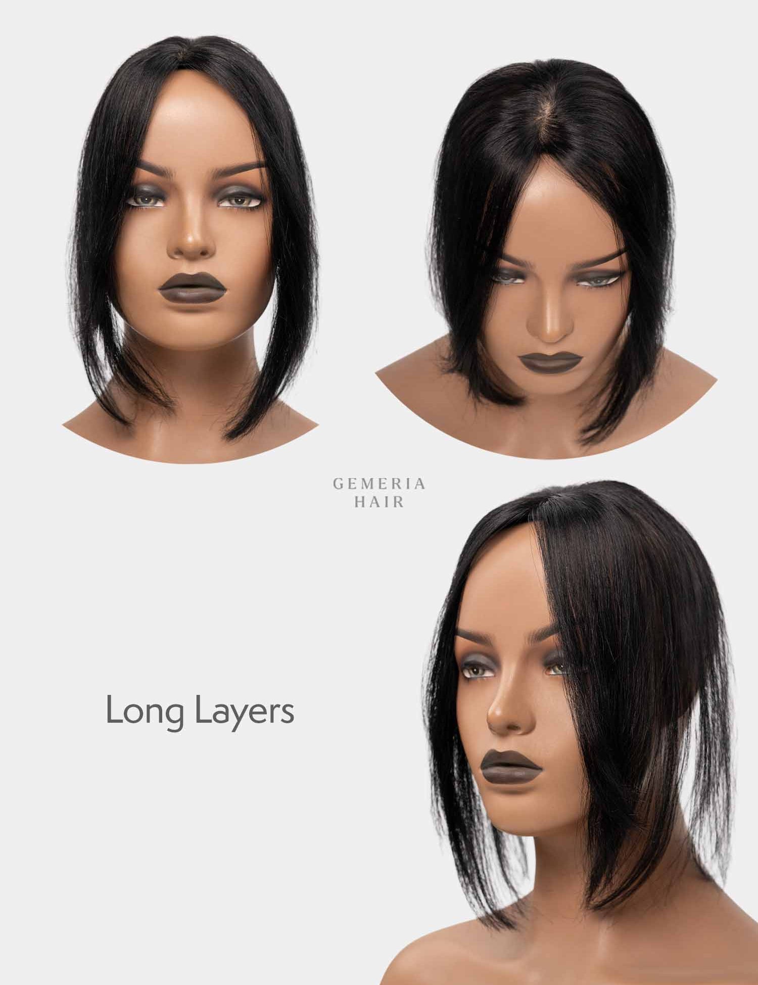Gemeria Hair mini topper featuring long layered hair with curtain bangs.