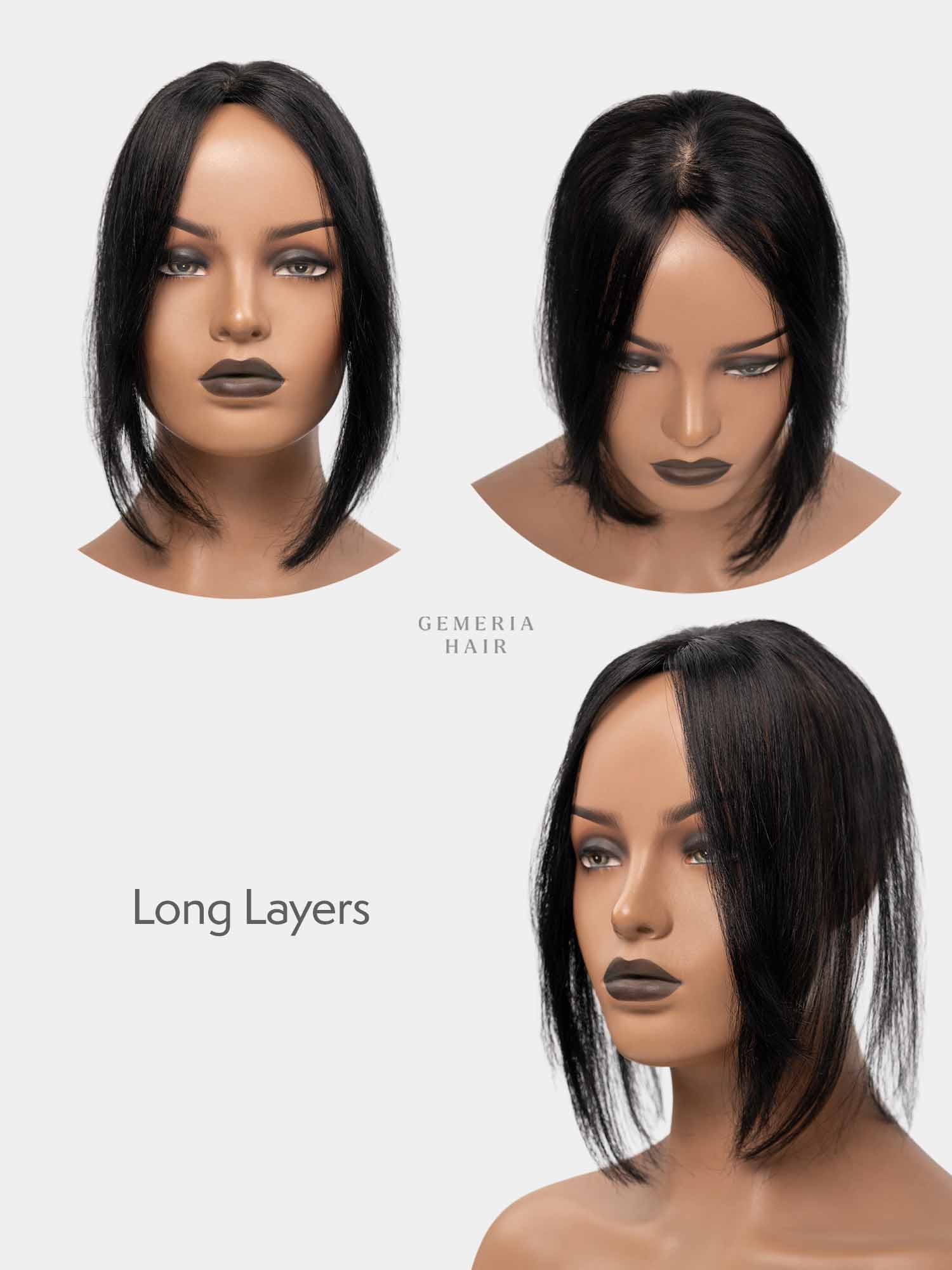 Gemeria Hair mini topper featuring long layered hair with curtain bangs.