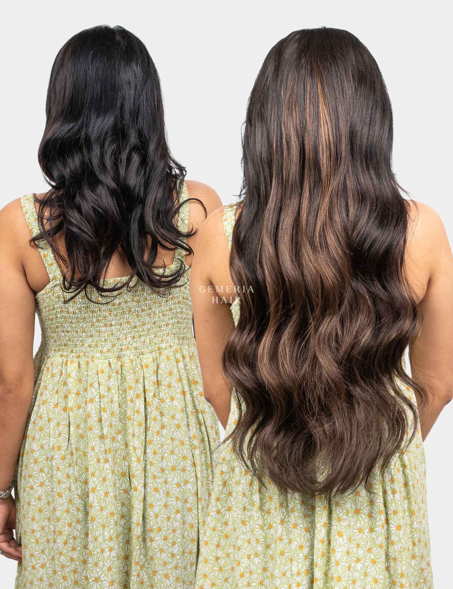 Before and after back view showing added hair length and volume with Ash Brown Balayage Half Head Wig
