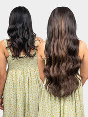 Before and after back view showing added hair length and volume with Ash Brown Balayage Half Head Wig