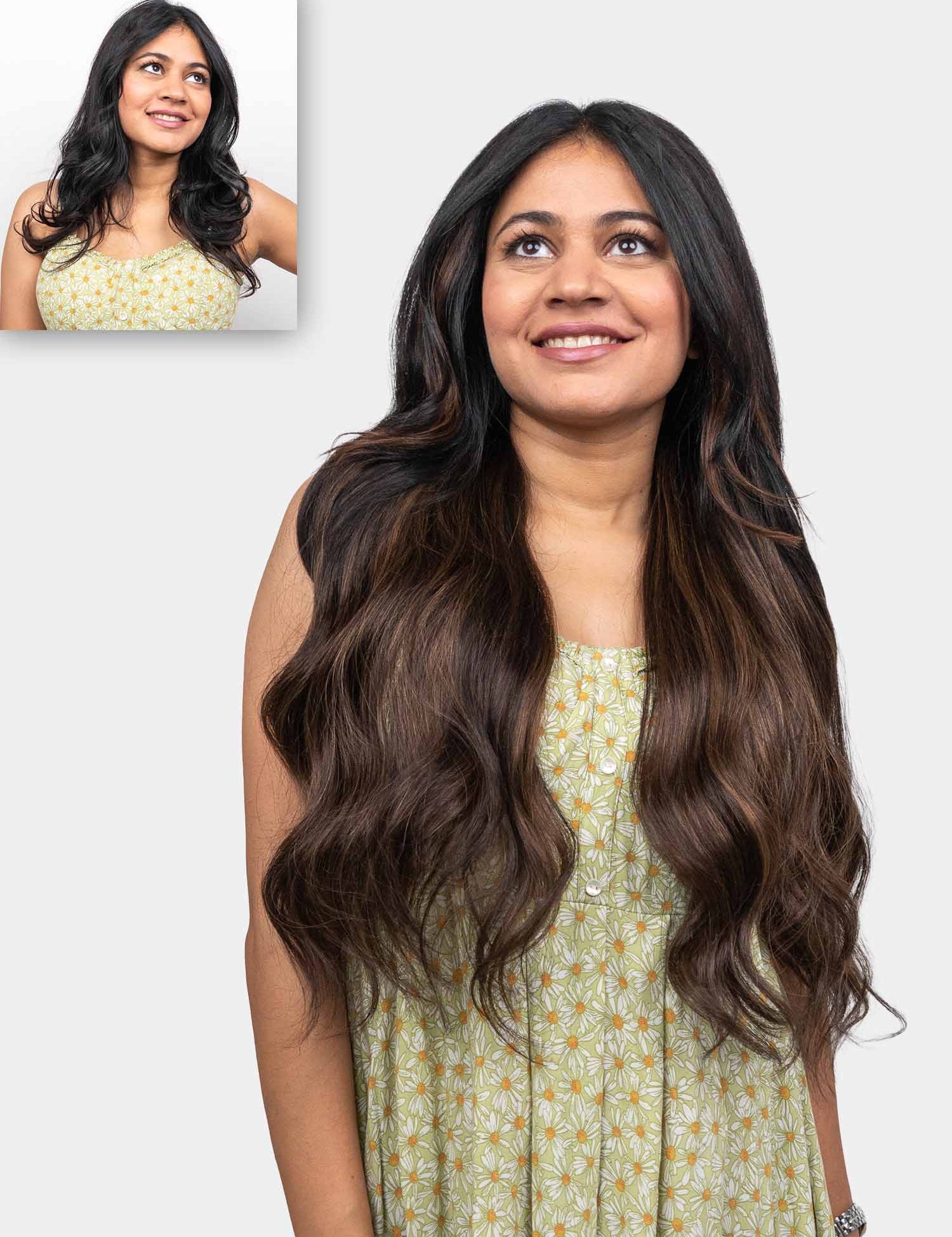Woman wearing Ash Brown Balayage Half Head Wig with long, voluminous waves and natural-looking brown highlights