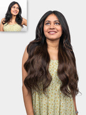 Woman wearing Ash Brown Balayage Half Head Wig with long, voluminous waves and natural-looking brown highlights
