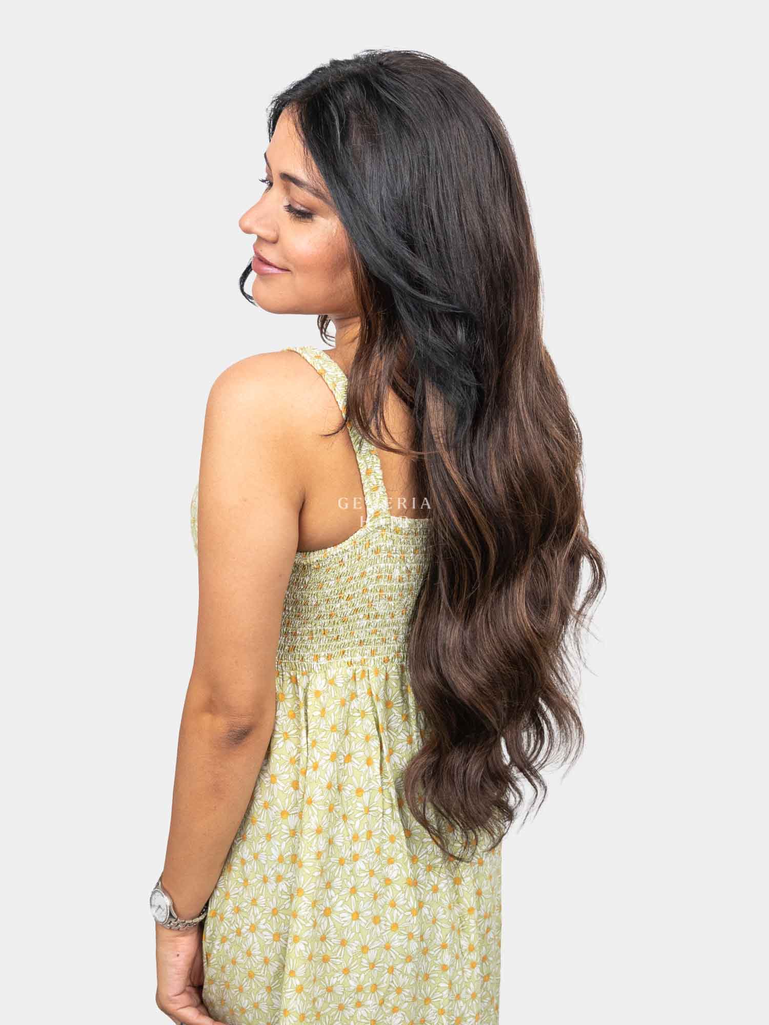 Side view of Ash Brown Balayage Half Head Wig showing natural-looking volume and cascading wavy hair