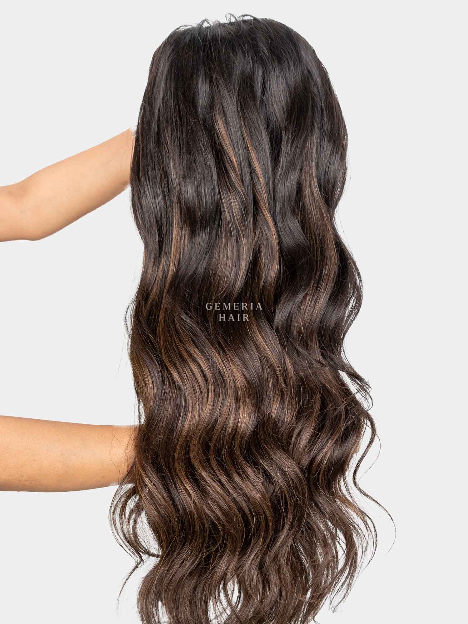 Close-up of Ash Brown Balayage Half Head Wig featuring long, soft waves and blended brown tones