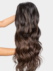 Close-up of Ash Brown Balayage Half Head Wig featuring long, soft waves and blended brown tones