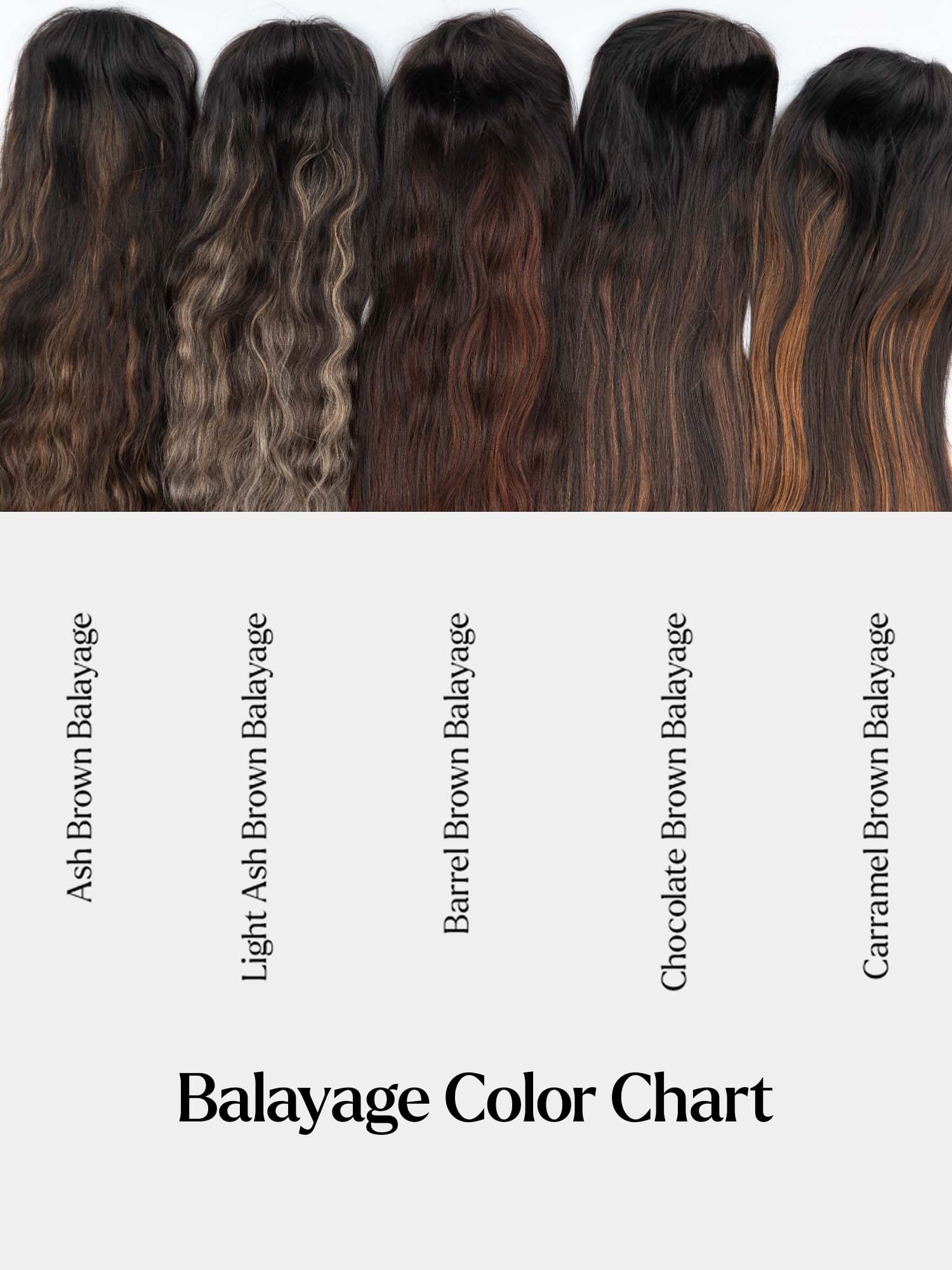 Balayage hair color chart showing different brown and dark hair shades