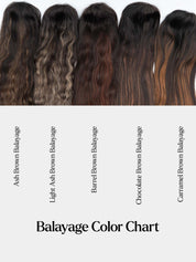 Balayage hair color chart showing different brown and dark hair shades