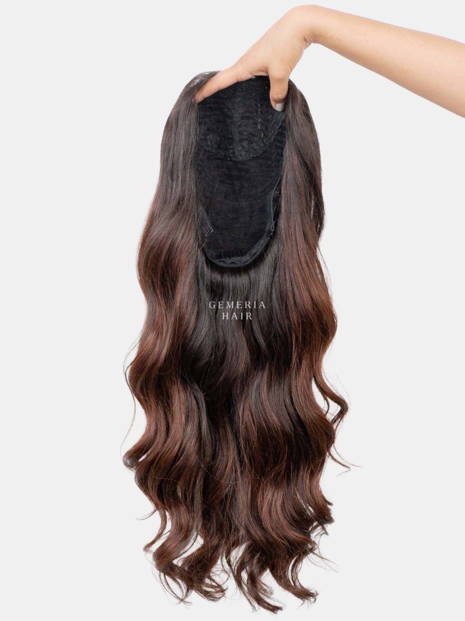 Inside view of Barrel Brown Balayage Half Head Wig showing its hair attachment base and construction