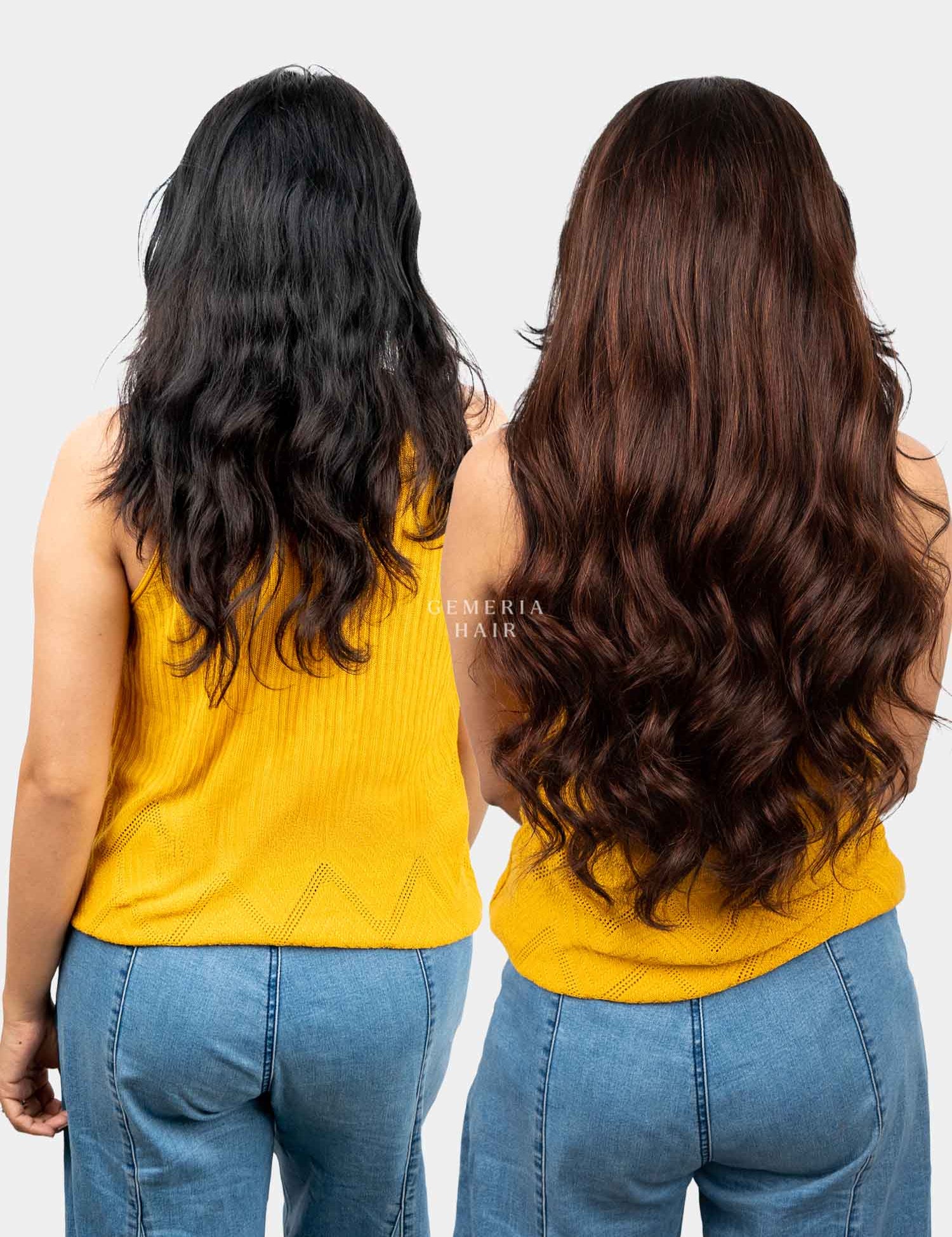 Before and after back view showing added hair length and volume with Barrel Brown Balayage Half Head Wig
