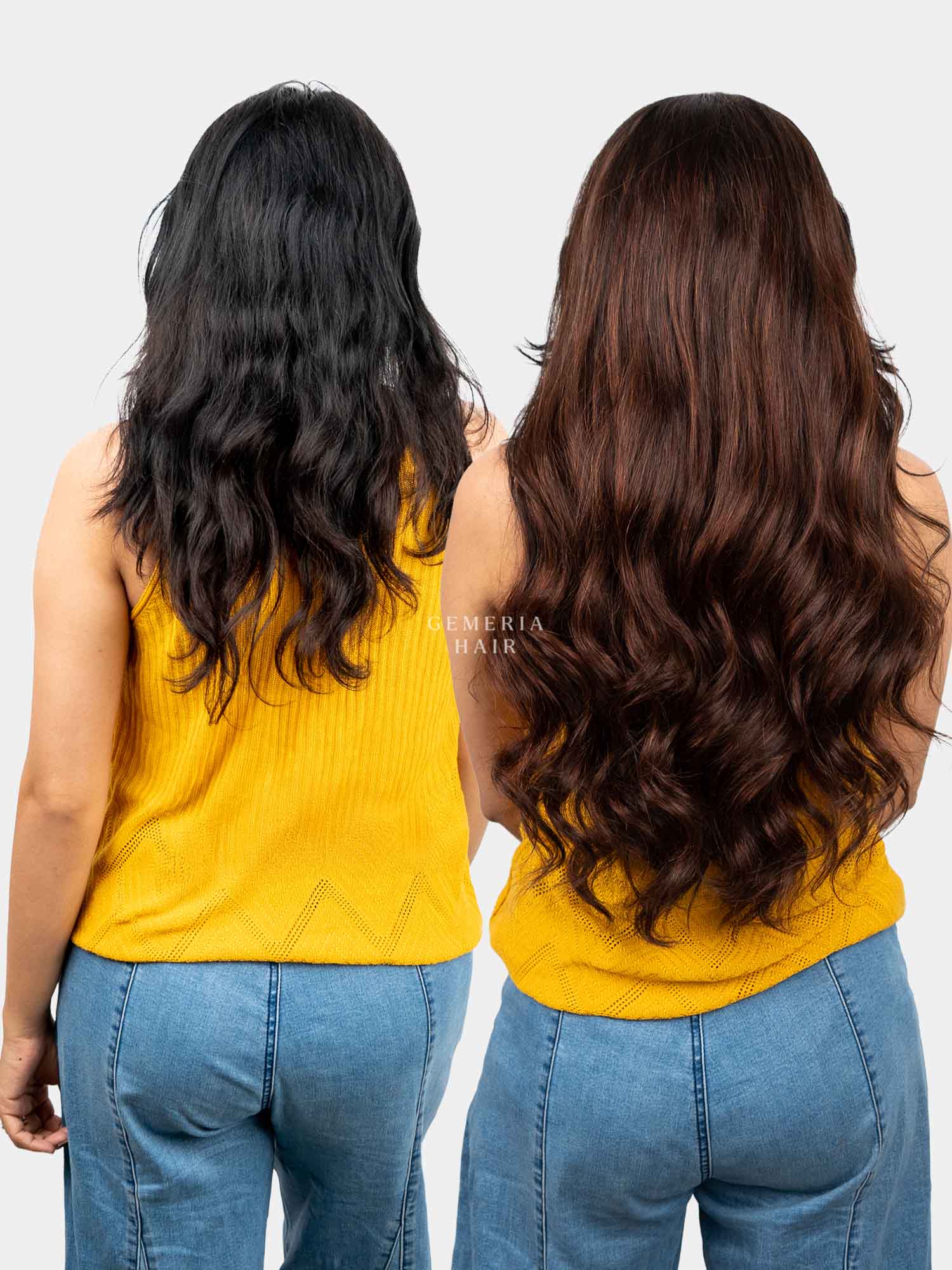 Before and after back view showing added hair length and volume with Barrel Brown Balayage Half Head Wig
