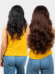Before and after back view showing added hair length and volume with Barrel Brown Balayage Half Head Wig