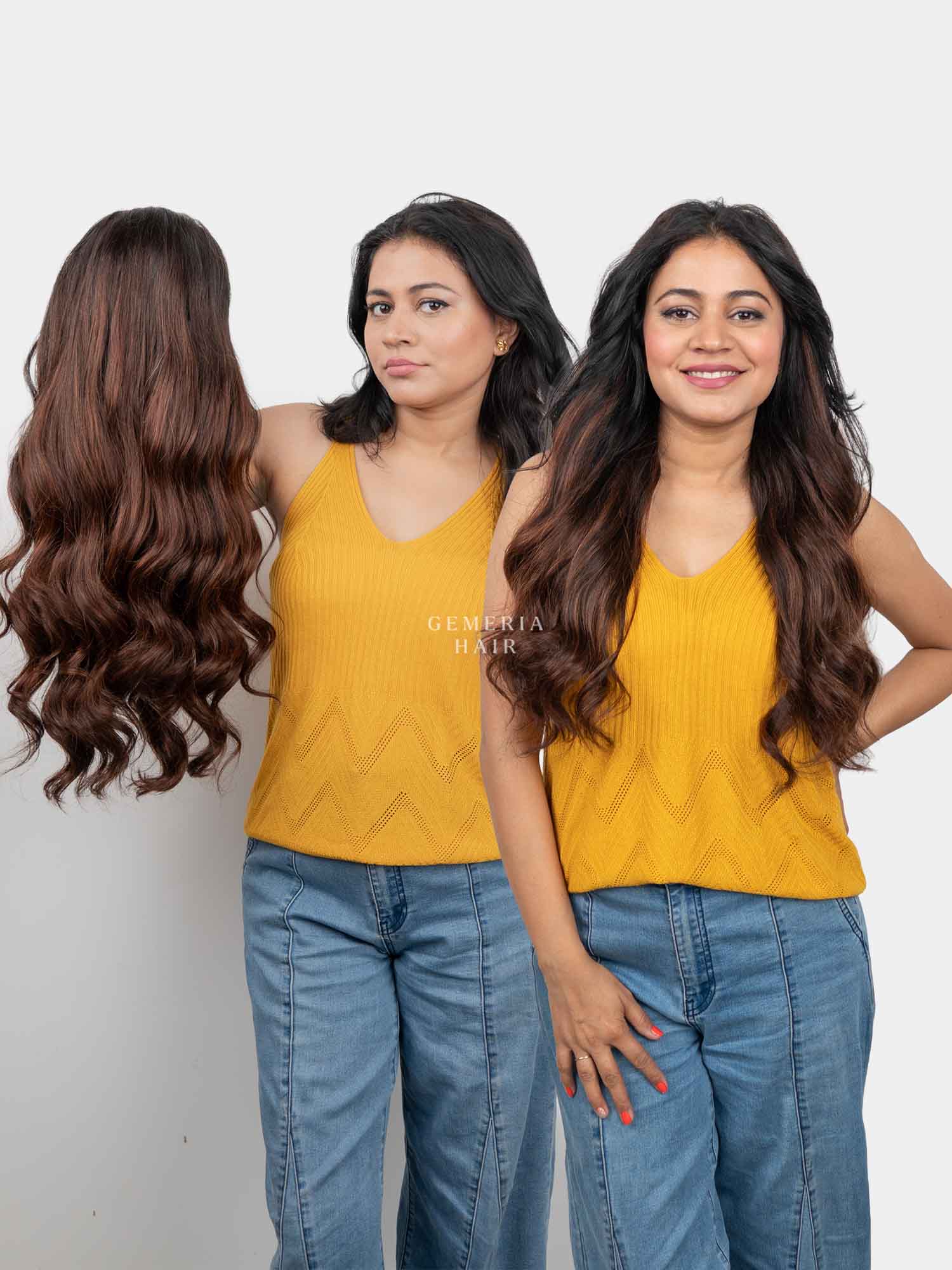Front comparison of woman before and after wearing Barrel Brown Balayage Half Head Wig