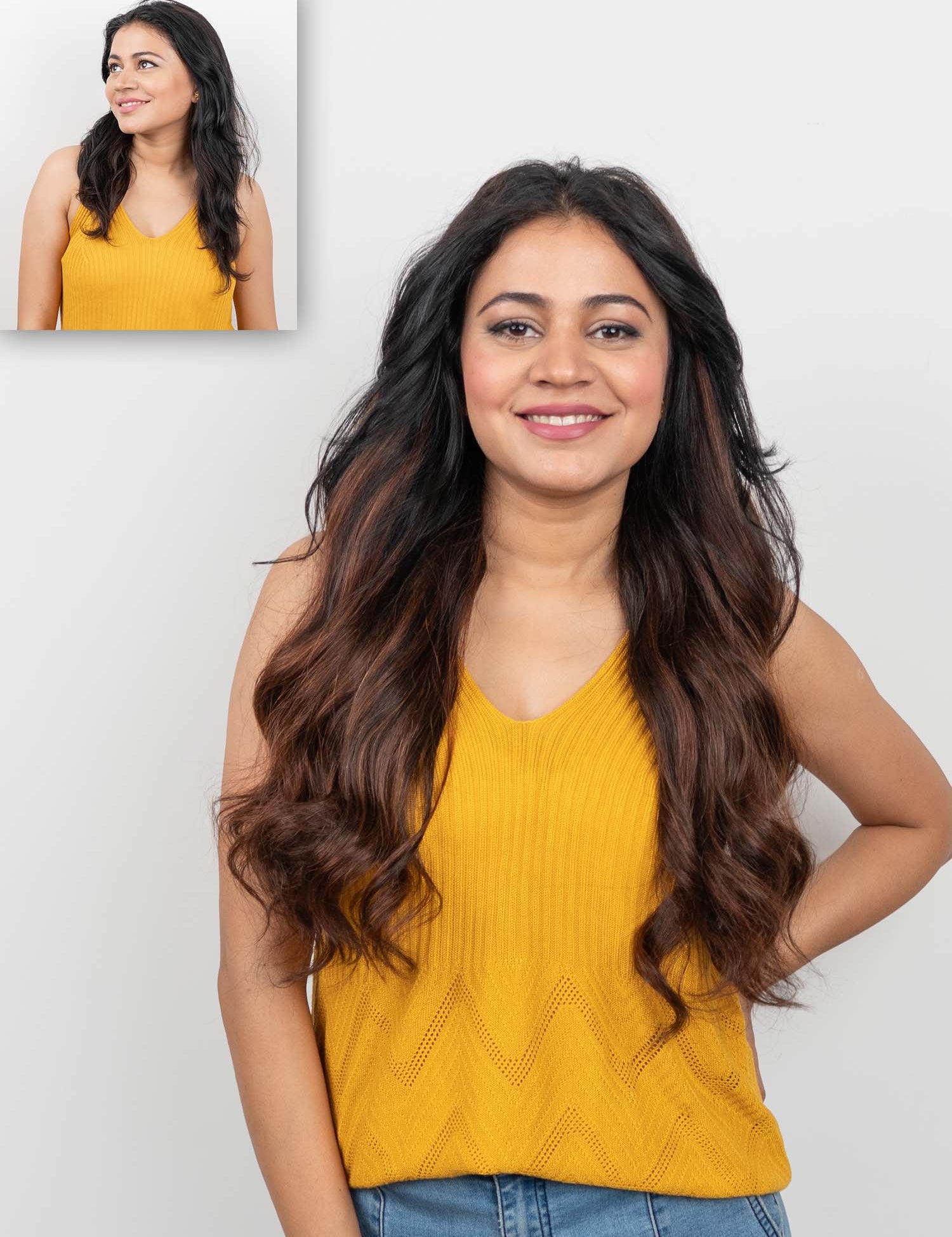 Woman wearing Barrel Brown Balayage Half Head Wig with long, voluminous waves and blended brown highlights
