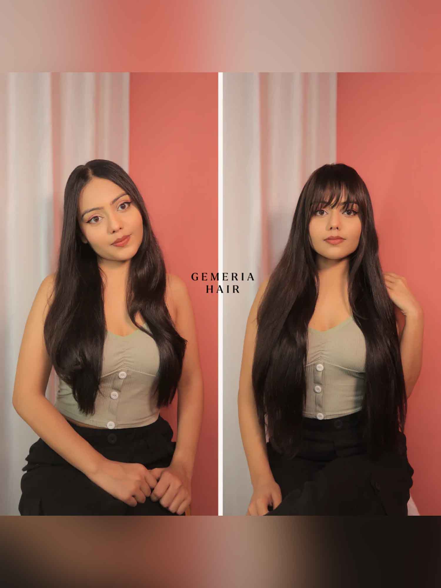Before and after transformation with straight clip-in hair extensions
