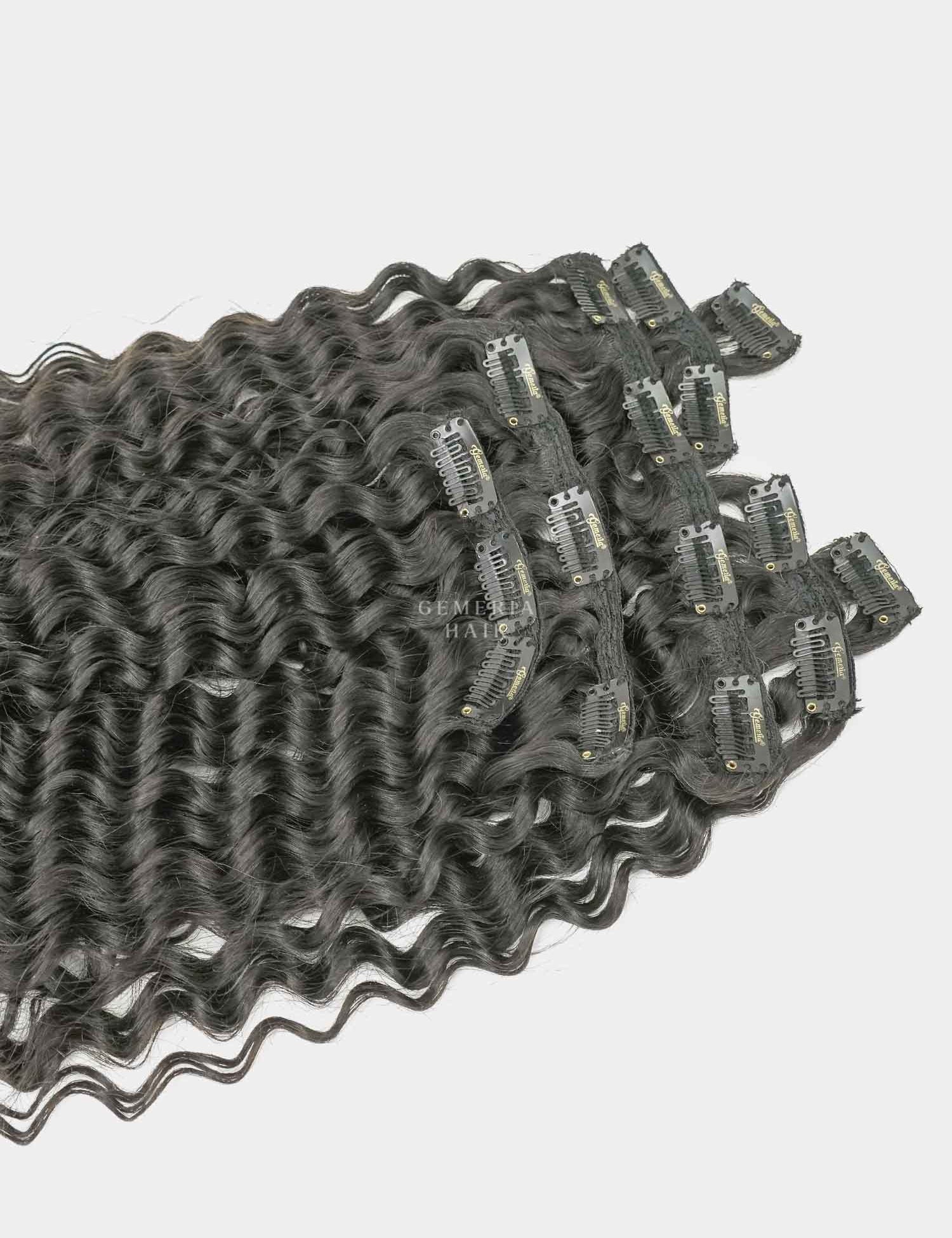 Deep curly clip-in hair extension weft with clips