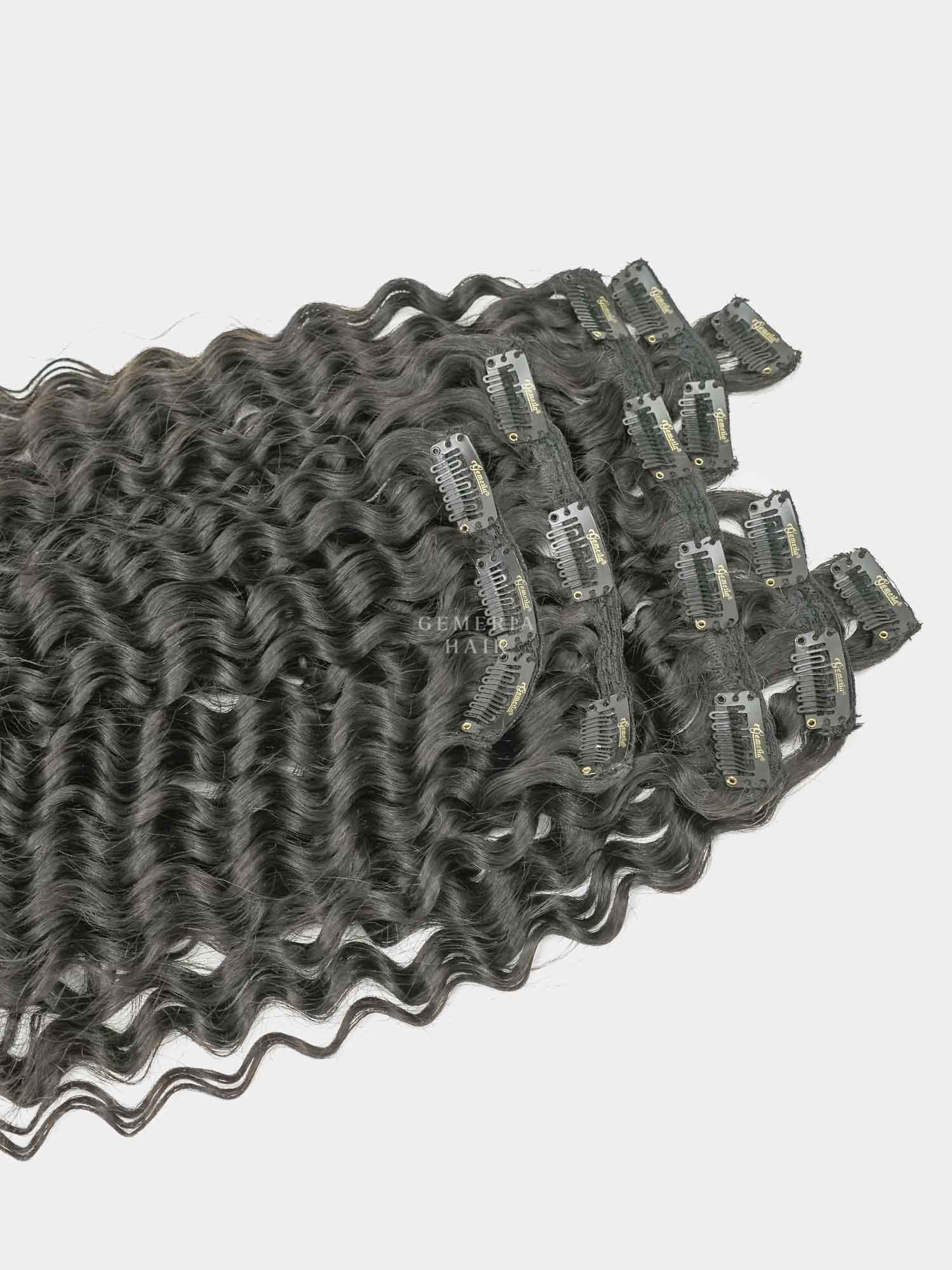 Deep curly clip-in hair extension weft with clips